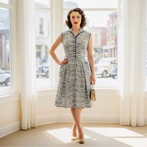 Handmade 1940’s Seersucker Navy & White Dress